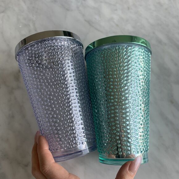STARBUCKS Frappuccino Crystal Silver Hobnail Bump Green Dot Cold Cup 16Oz Grande - Picture 2 of 7